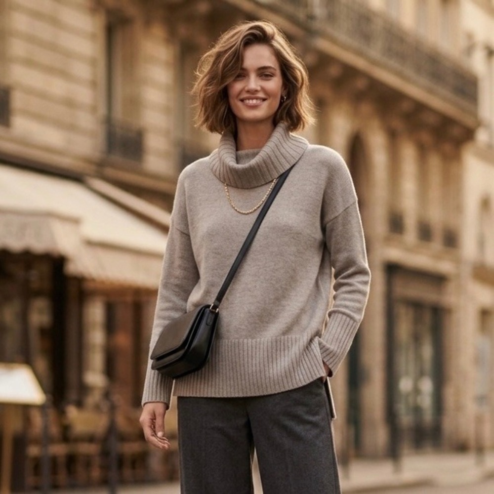 Halston Taupe 100% Extra Fine Merino Wool Cowl Neck Sweater Small Relaxed Fit